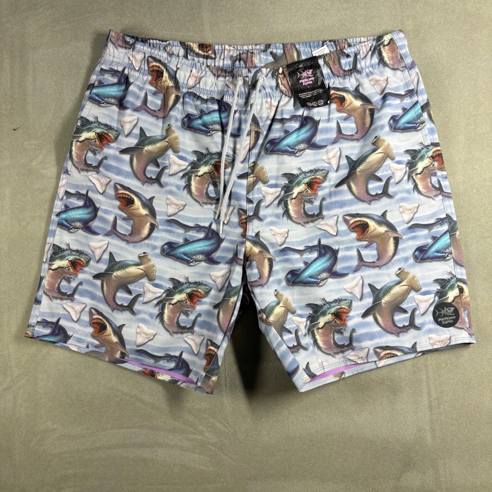 Psycho Tuna Mens XXL Shark Print Swim Trunks Blue 4-Way Stretch Board Shorts
